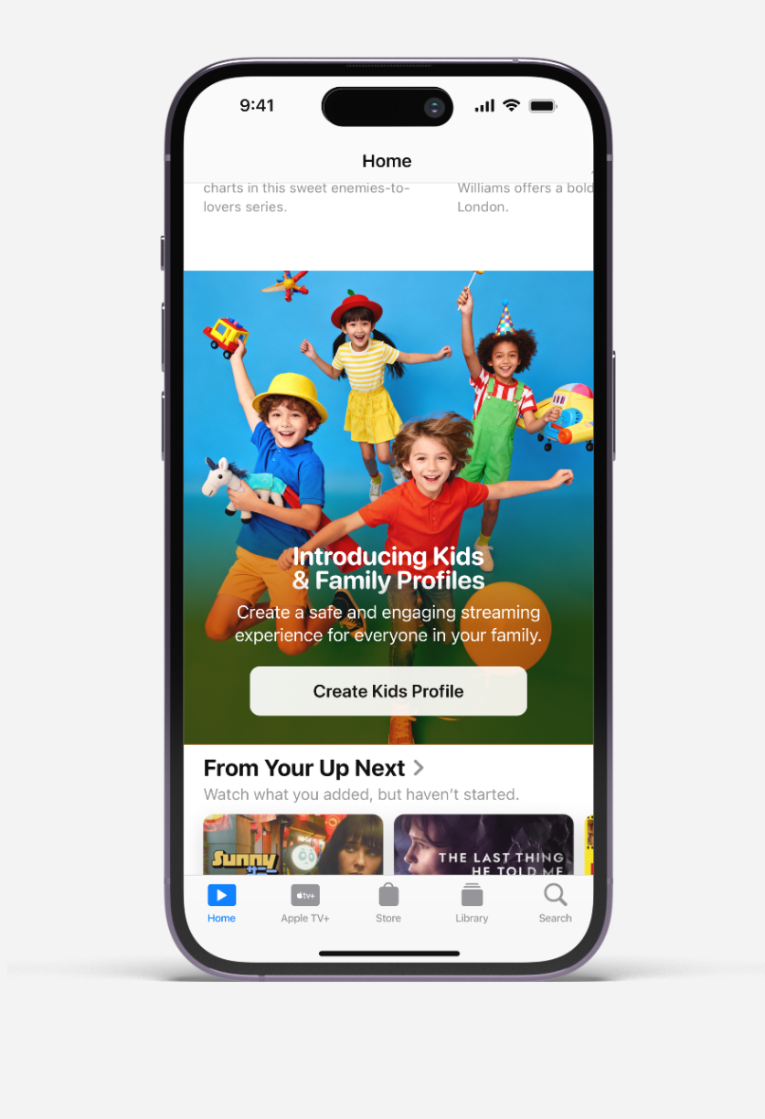 Smartphone screen showing kids and family profiles with four happy children holding toys, button to create profile.