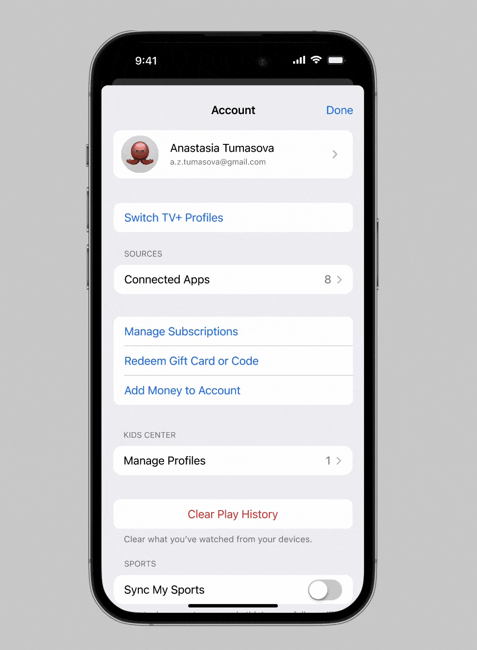 Smartphone screen showing account settings with user info, subscriptions, profiles, play history, and sports sync toggle.