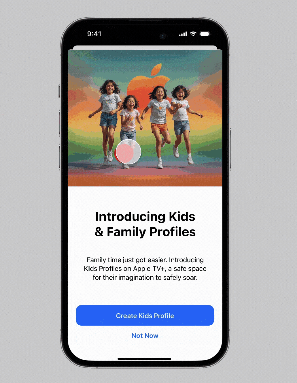 iPhone screen showing an Apple TV+ prompt to create Kids and Family Profiles with four children running.