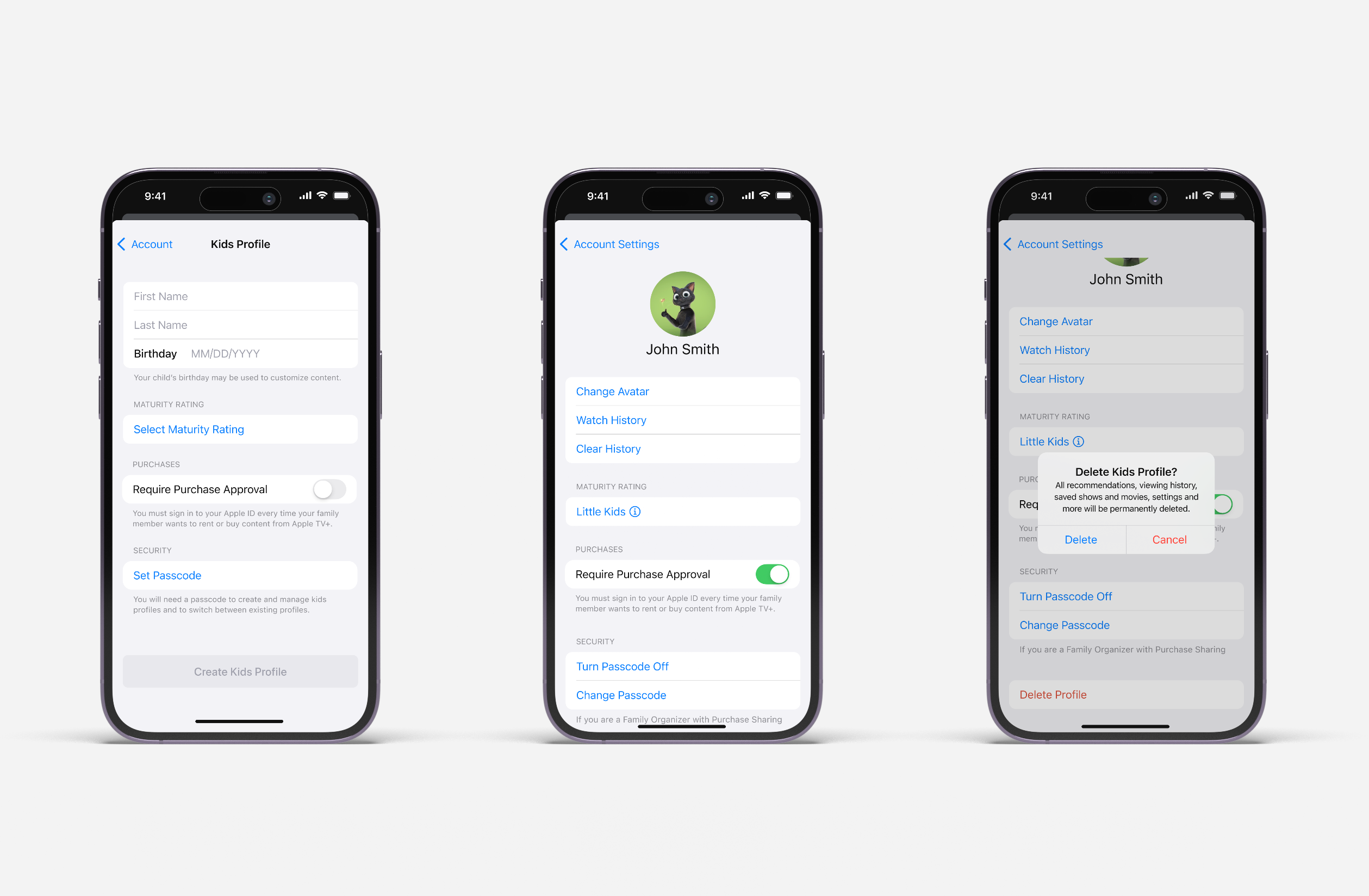 Three iPhones showing Kids Profile setup and settings screens with maturity rating and purchase approvals.