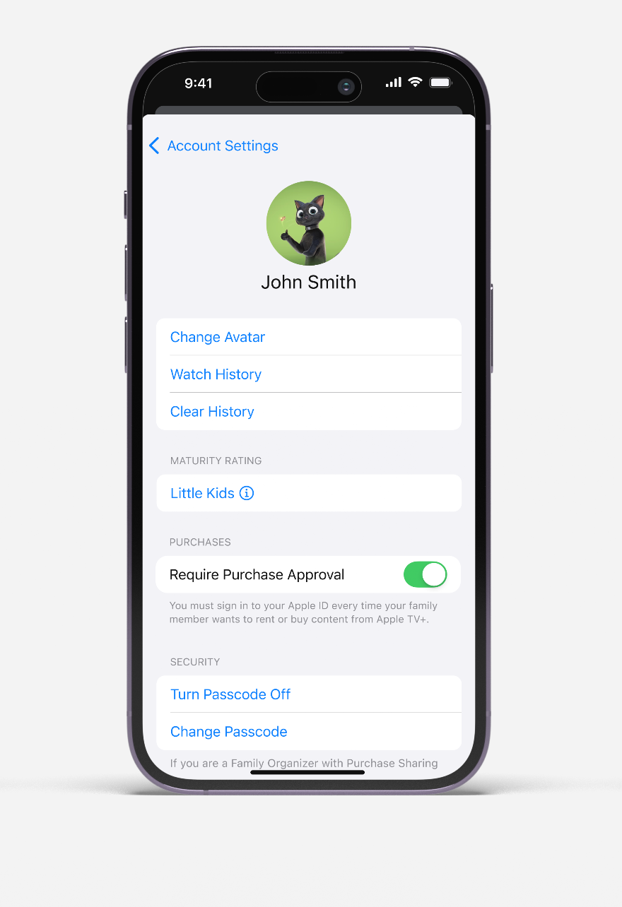 iPhone screen showing John Smith's account settings with avatar, maturity rating, purchase approval, and passcode options.