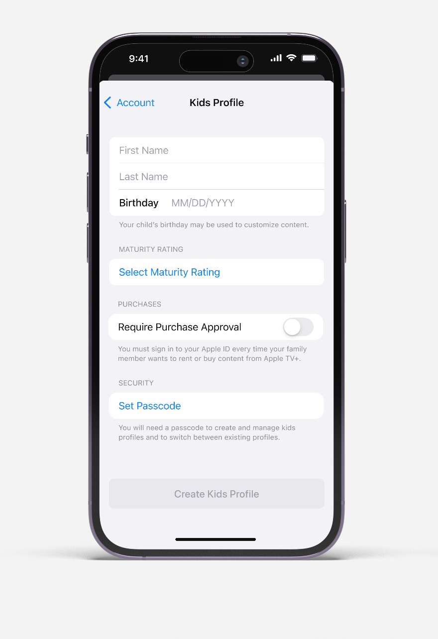 Smartphone screen showing Kids Profile setup with fields for name, birthday, maturity rating, and purchase approval.