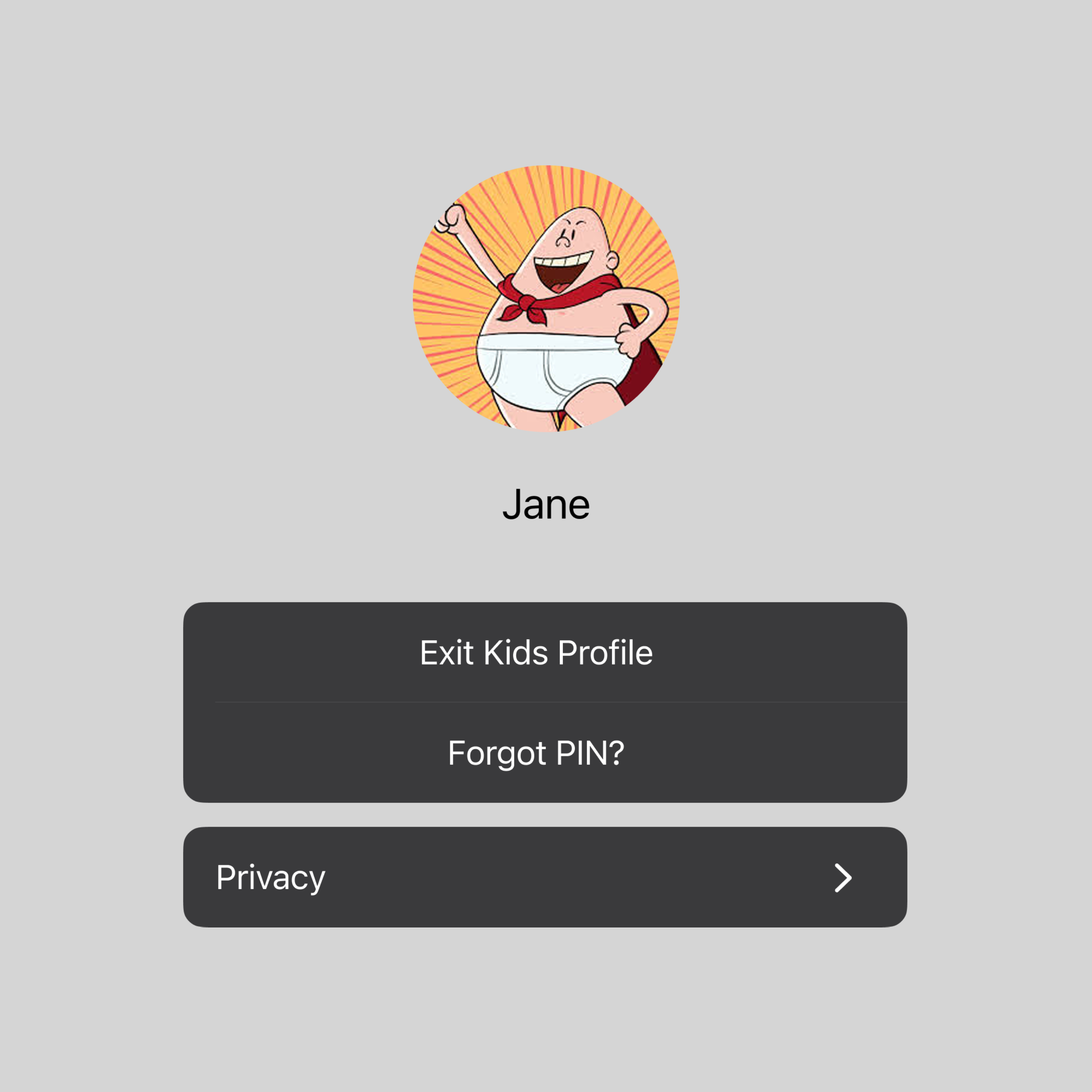 Kids profile screen for Jane showing cartoon character with red cape and three menu options below.