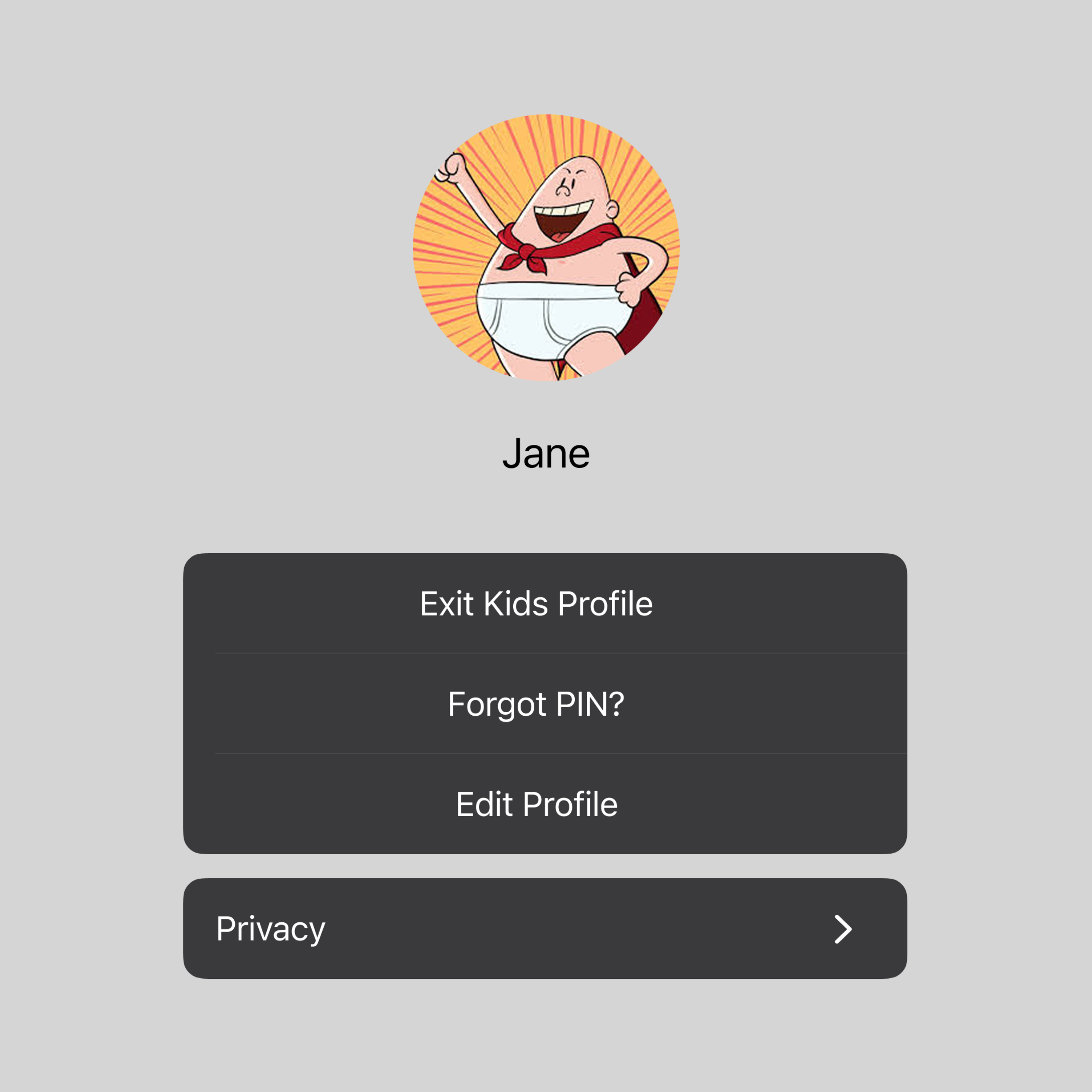 Kids profile screen showing avatar of cartoon character with red cape labeled Jane with profile options.