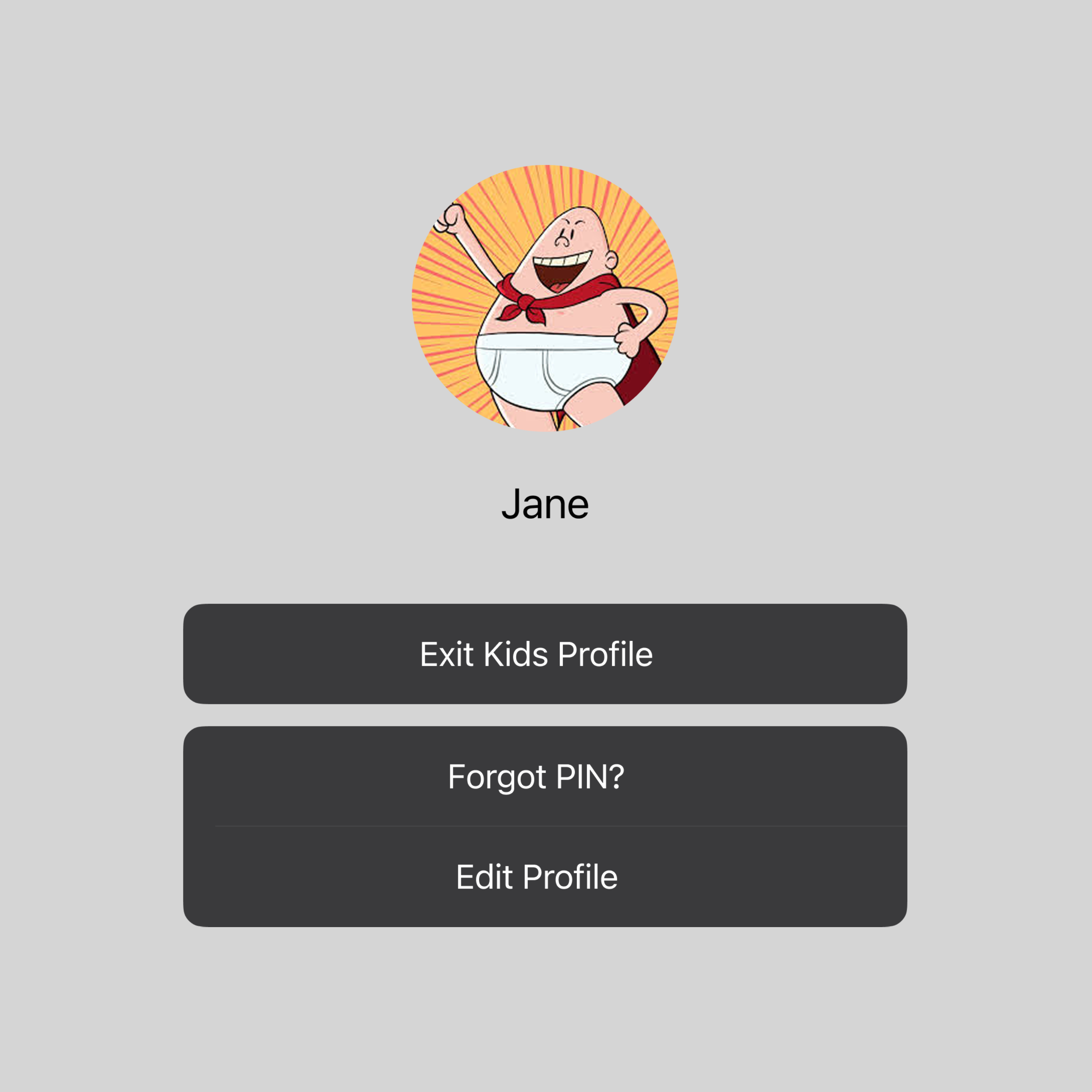 Kids profile screen showing cartoon character avatar labeled Jane with options to exit, recover PIN, or edit profile.