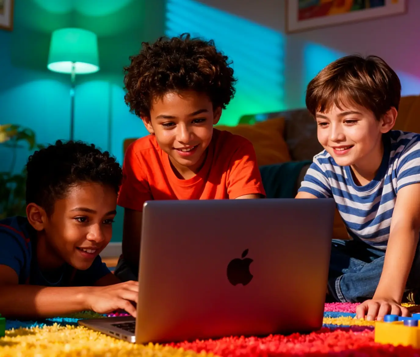 Three boys lying on colorful carpet, smiling and watching content on an open laptop.