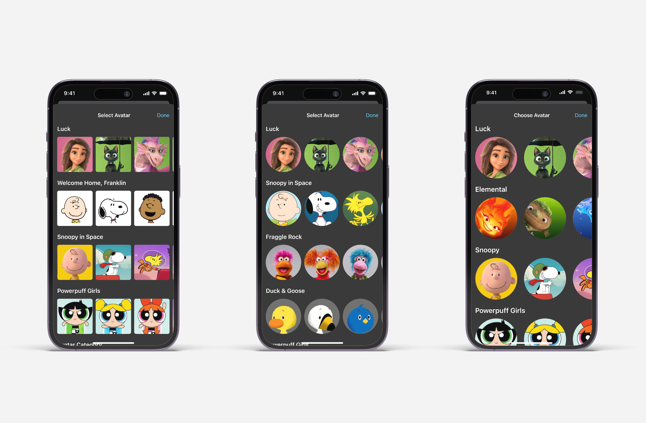 Three phones showing avatar selection screens with cartoon and animated character icons.