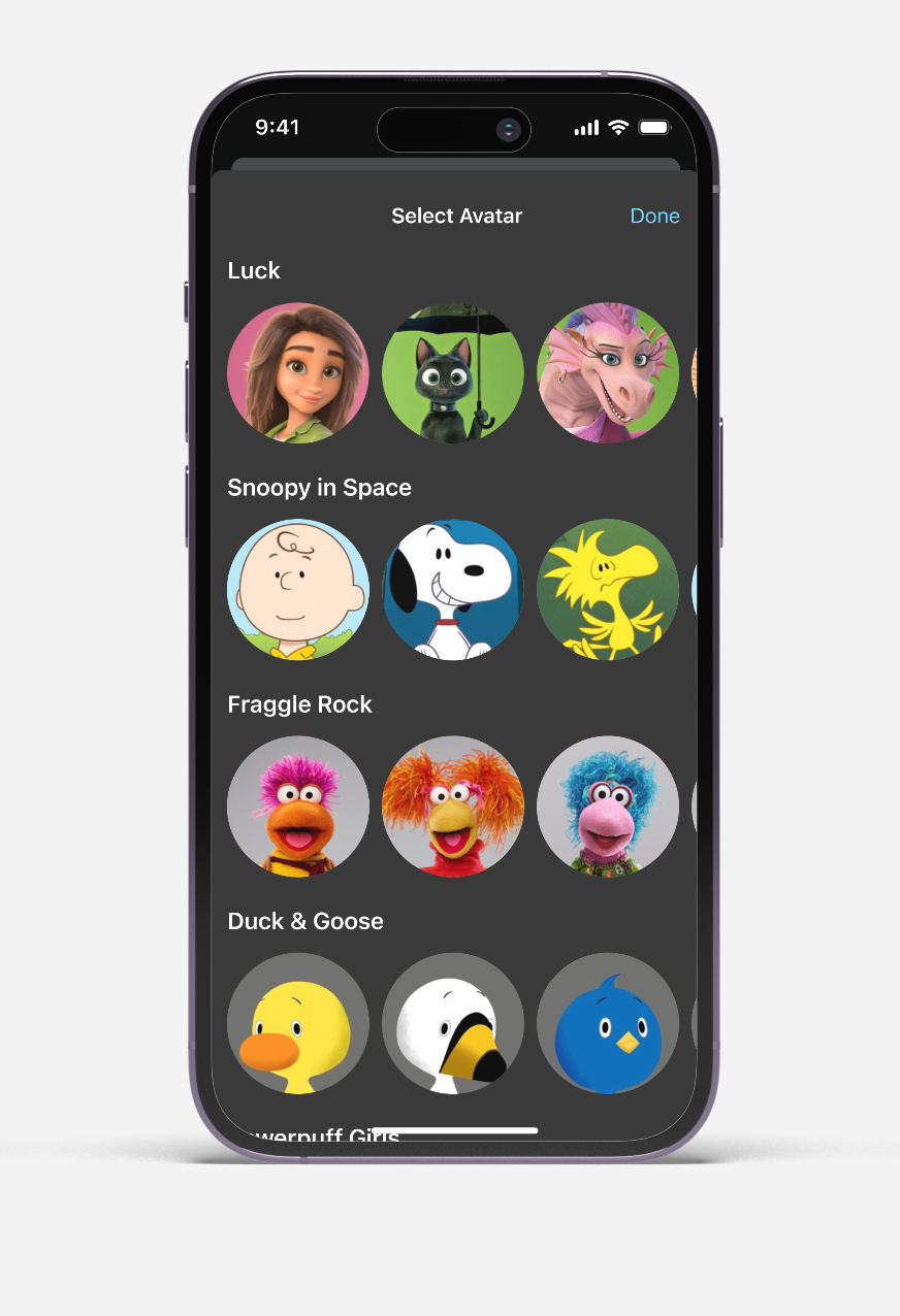 Smartphone screen showing avatar selection menu with characters from Luck, Snoopy, Fraggle Rock, and Duck & Goose.