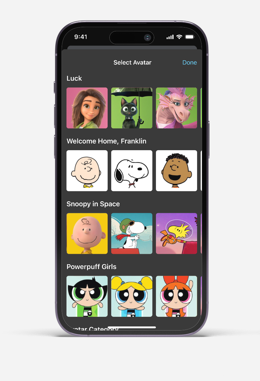 Mobile screen showing avatar selection with categories including Luck, Snoopy, and Powerpuff Girls characters.
