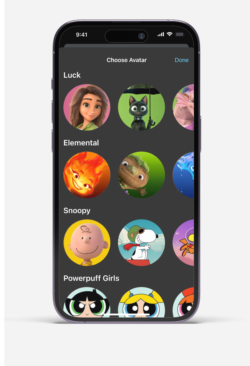 Phone screen with avatar selection featuring characters from Luck, Elemental, Snoopy, and Powerpuff Girls.