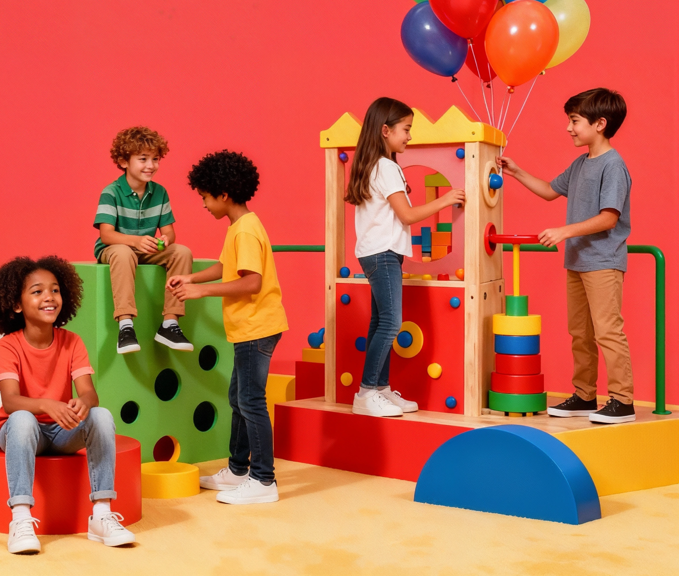 Five kids playing with colorful toys and balloons in a bright indoor playroom with orange walls.