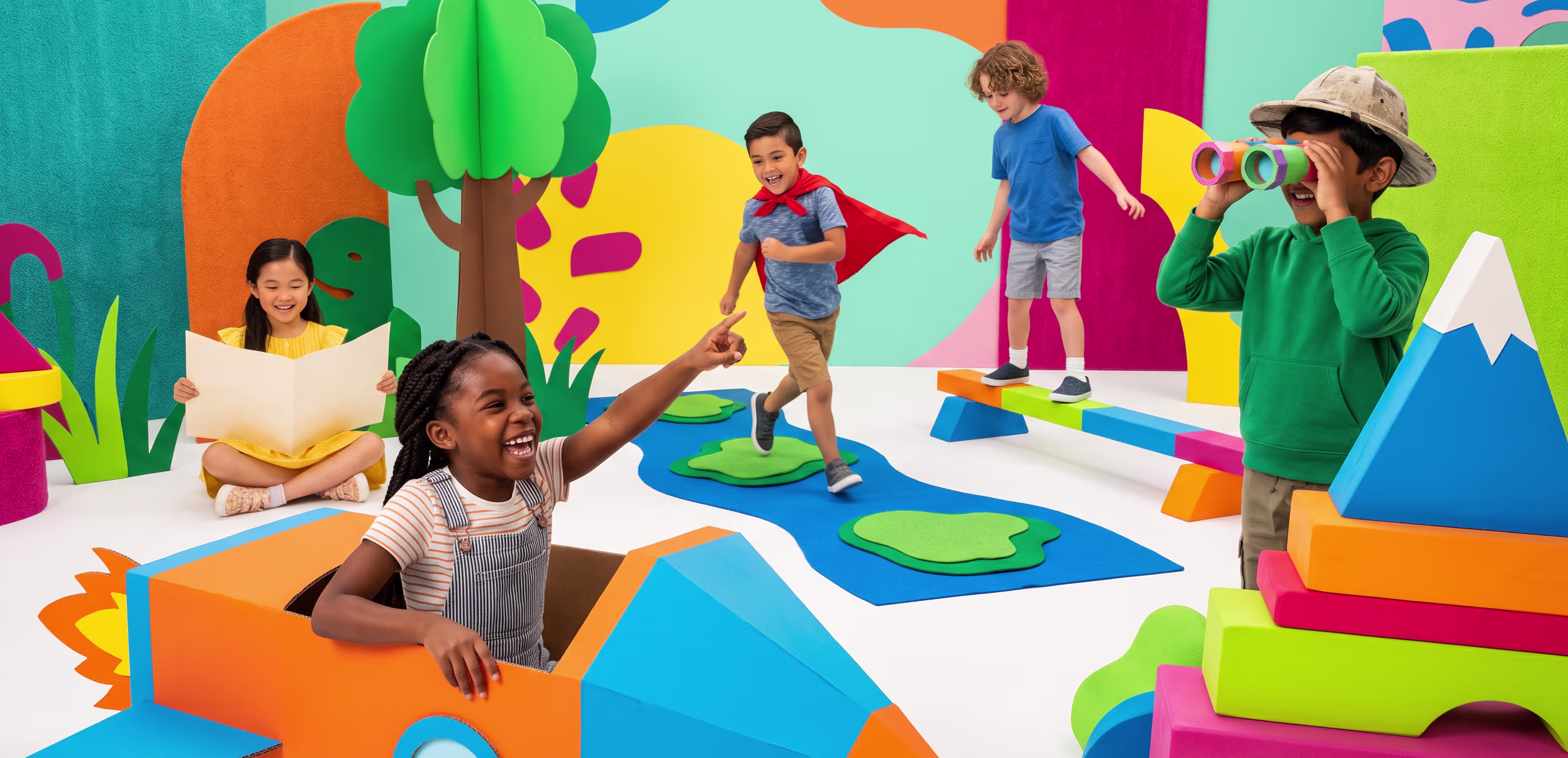 Five kids playing in colorful indoor playroom with cardboard rocket, binoculars, and reading a book.
