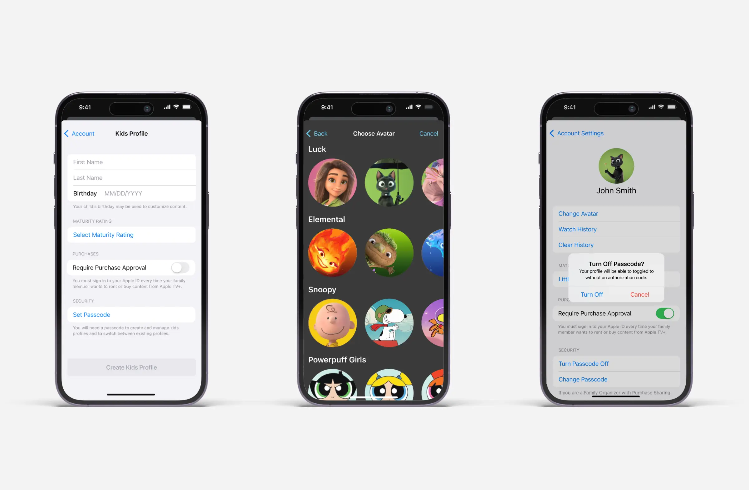 Three iPhones showing kids profile setup, avatar selection, and passcode turn off confirmation screens.