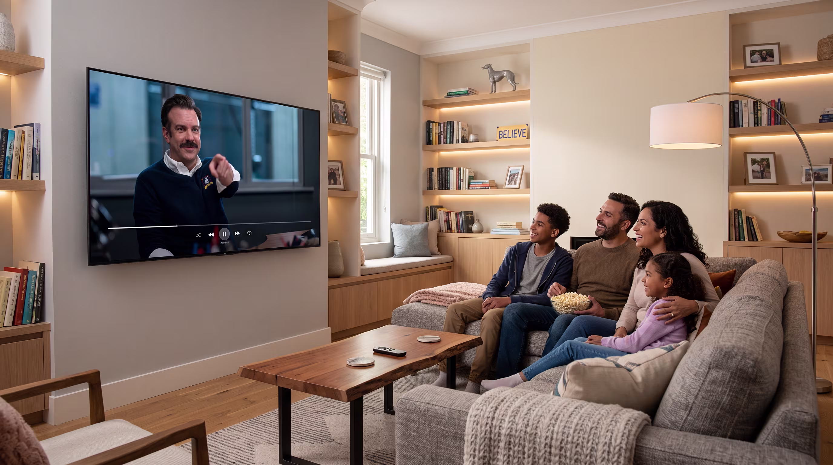 Family of four sitting on a couch watching a TV show, sharing popcorn in a cozy living room.