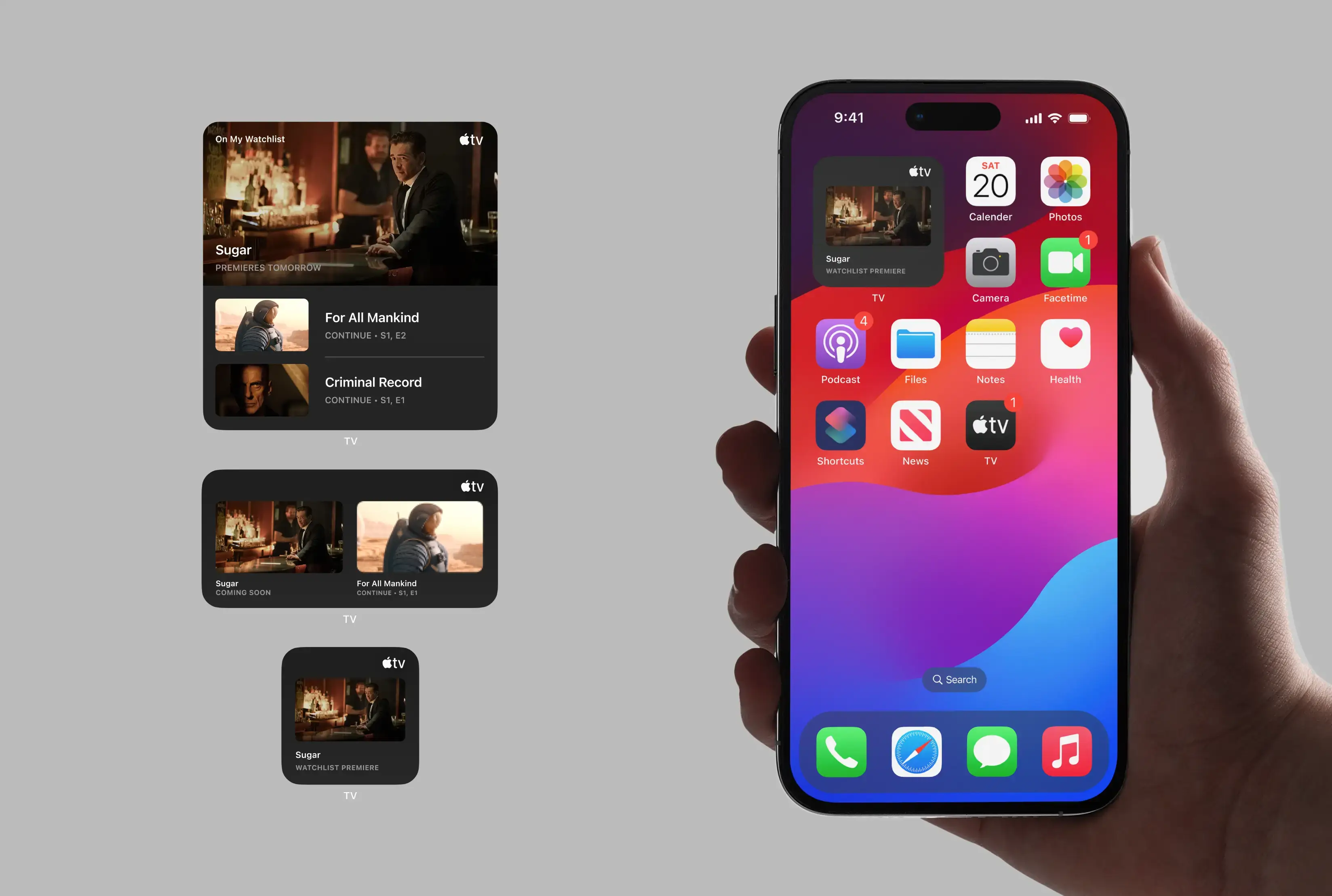 Hand holding smartphone showing Apple TV app widgets with shows Sugar, For All Mankind, and Criminal Record.