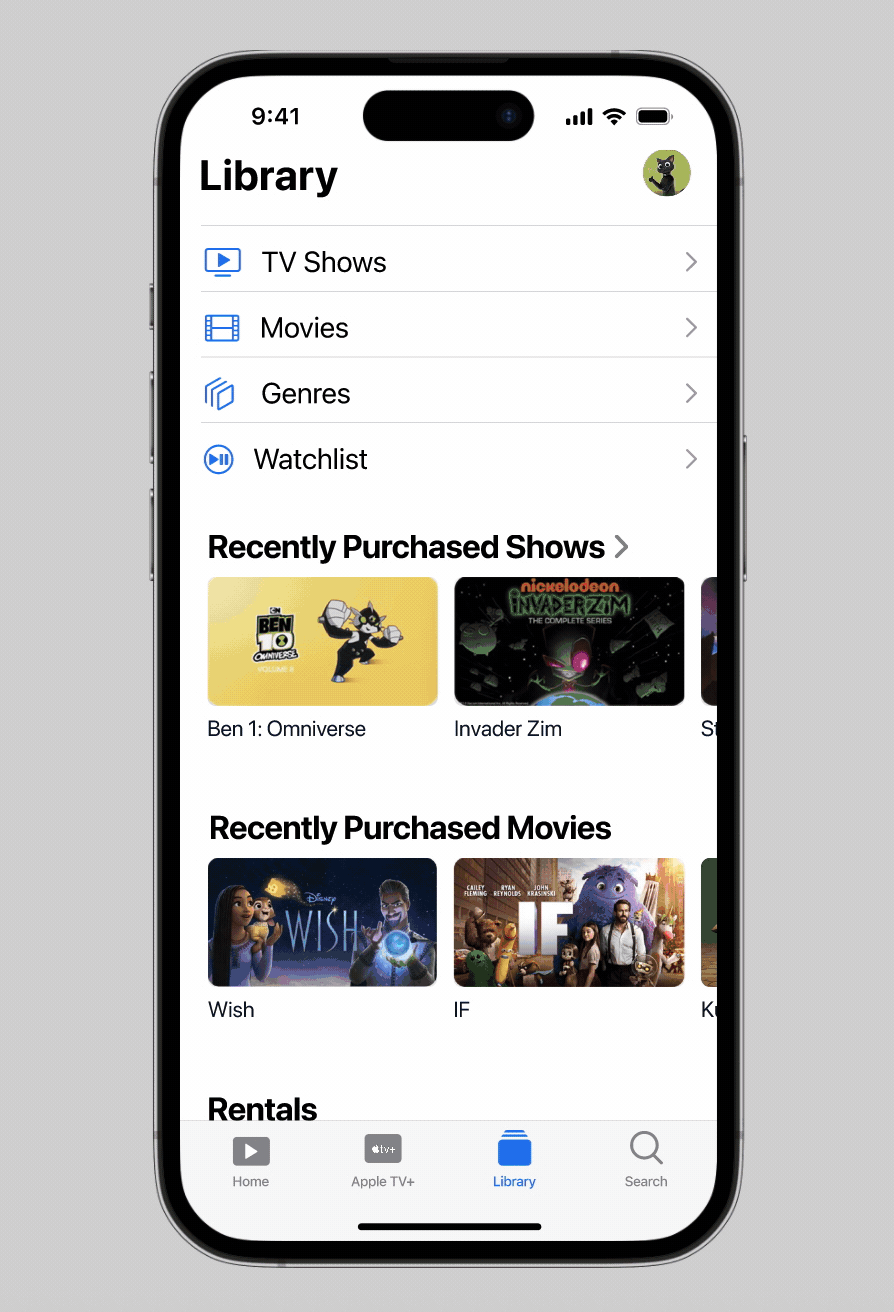 iPhone screen showing Apple TV Library with TV Shows, Movies, Genres, Watchlist, and recently purchased titles.