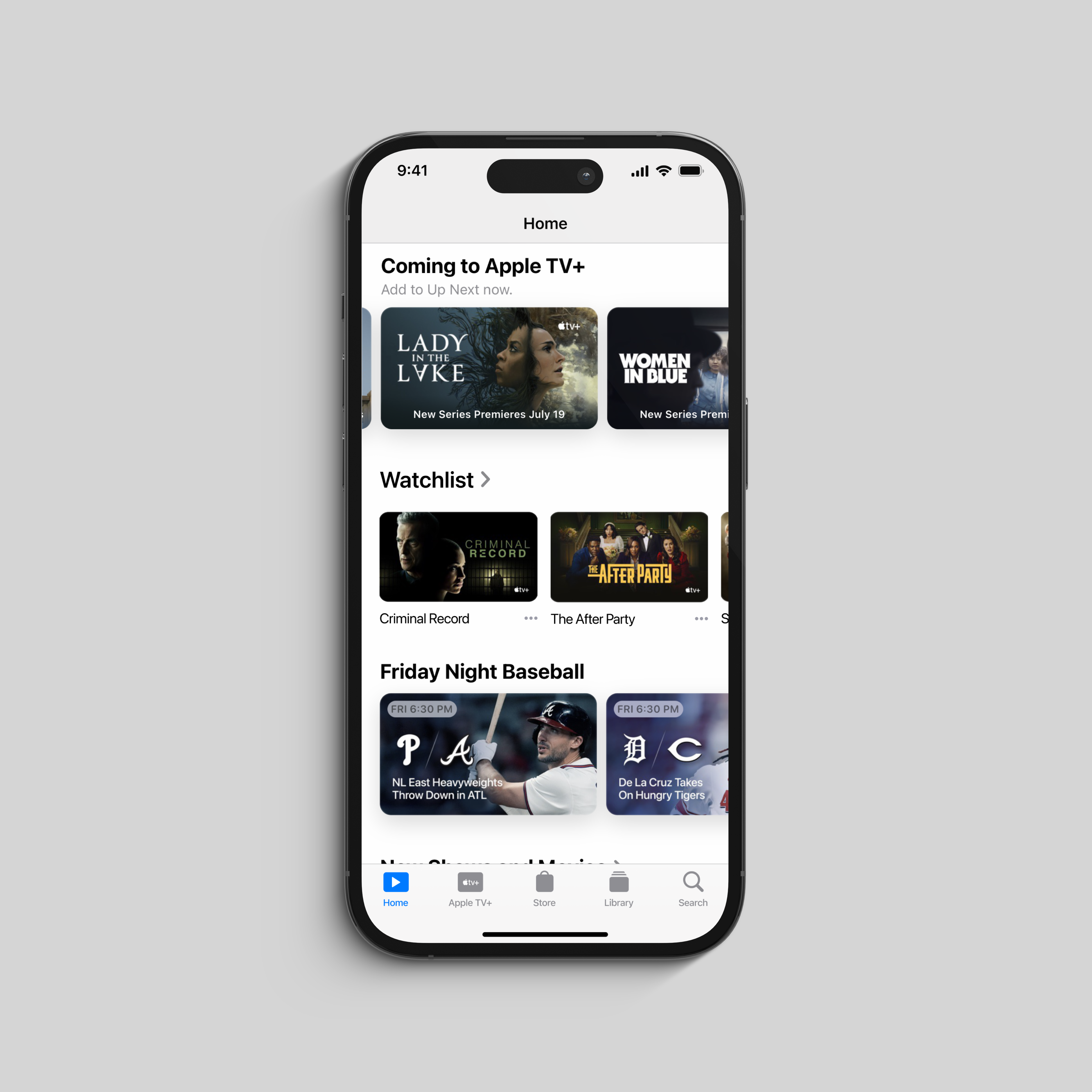 iPhone displaying Apple TV app home screen with shows, watchlist, and Friday Night Baseball schedule.