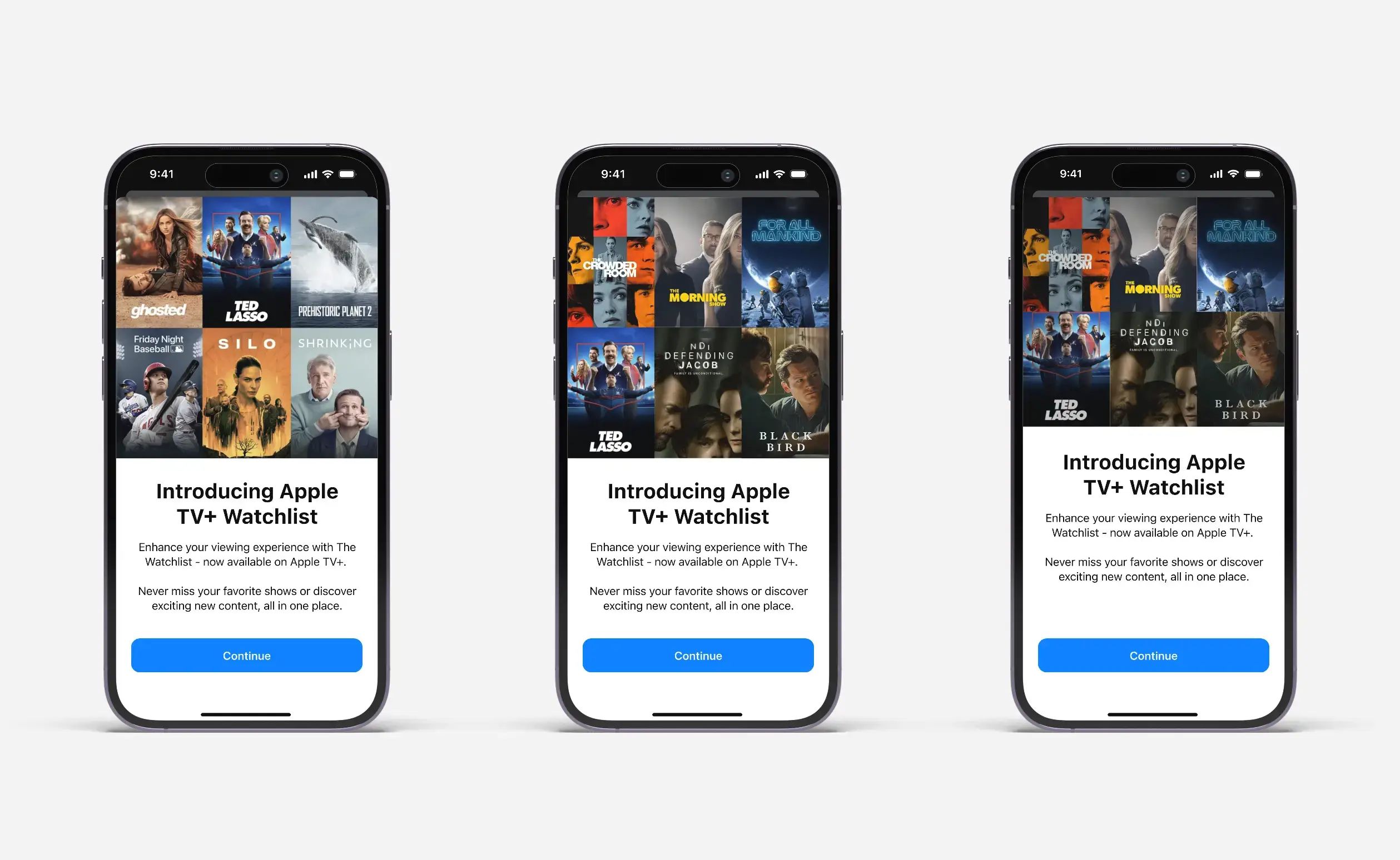 Three iPhones show Apple TV+ Watchlist screens with various show posters and a Continue button.
