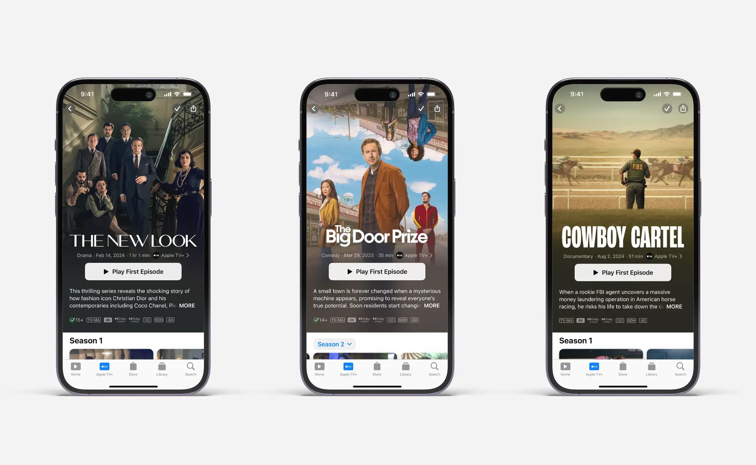 Three iPhones display Apple TV+ shows: The New Look, The Big Door Prize, and Cowboy Cartel.