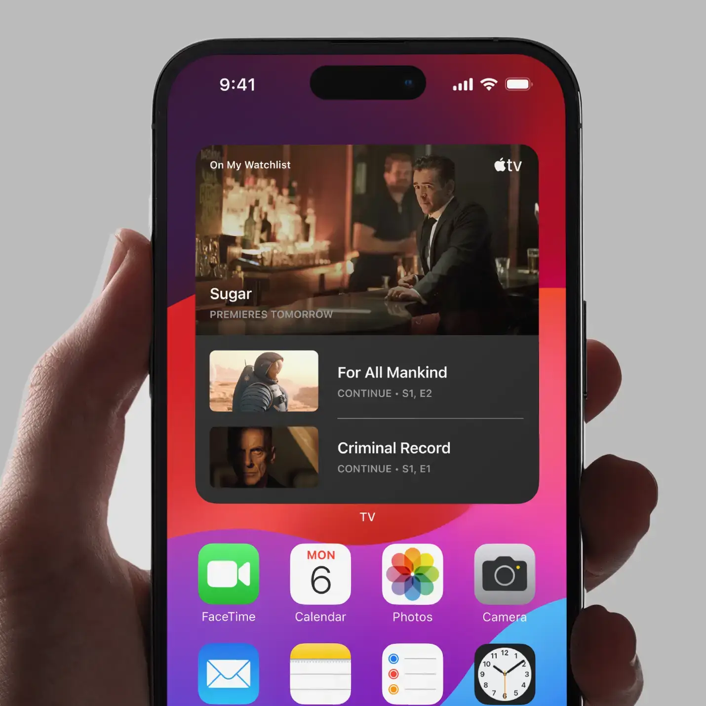 Smartphone screen showing Apple TV widget with shows Sugar, For All Mankind, and Criminal Record.