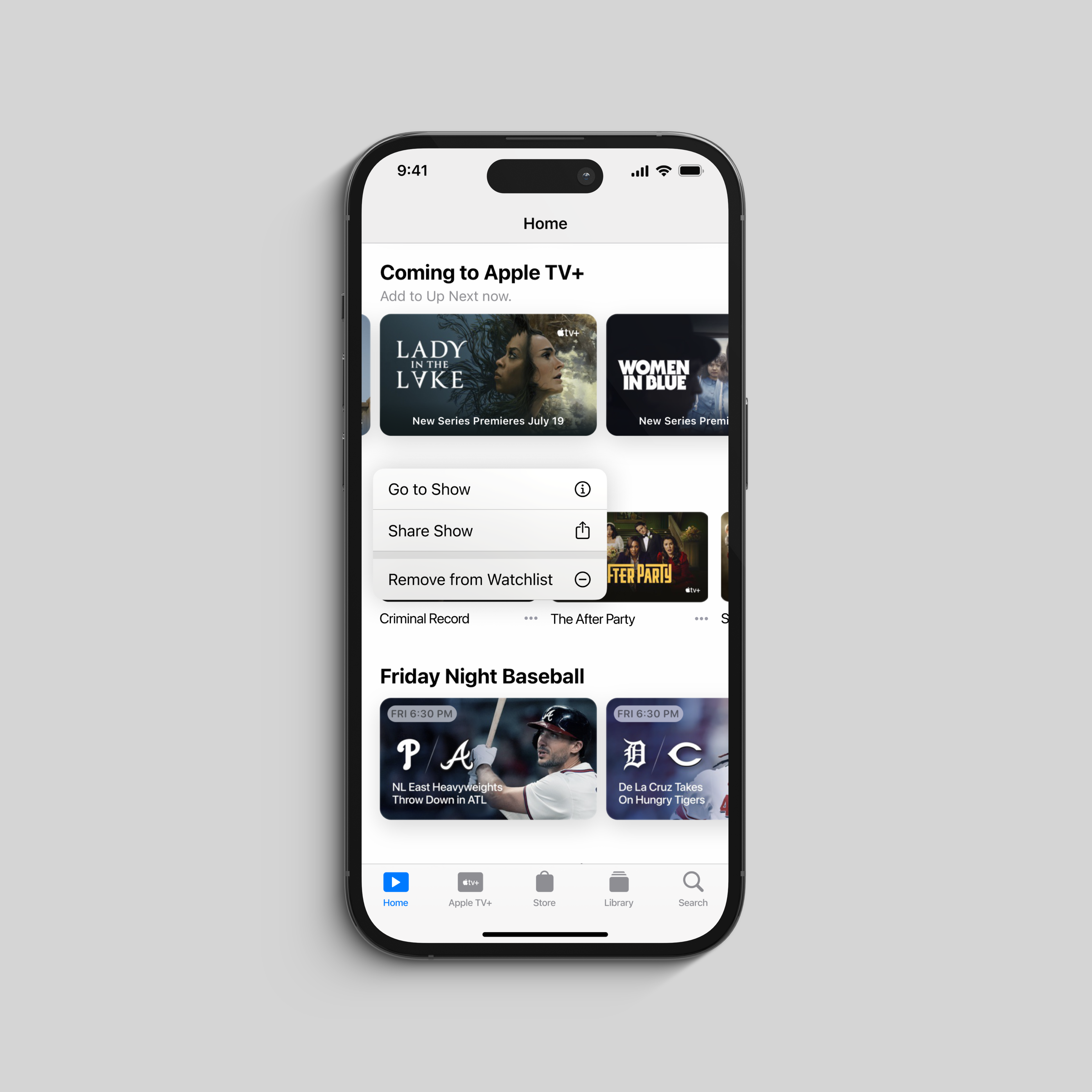 iPhone screen showing Apple TV+ app with Coming shows, Friday Night Baseball, and watchlist menu options.