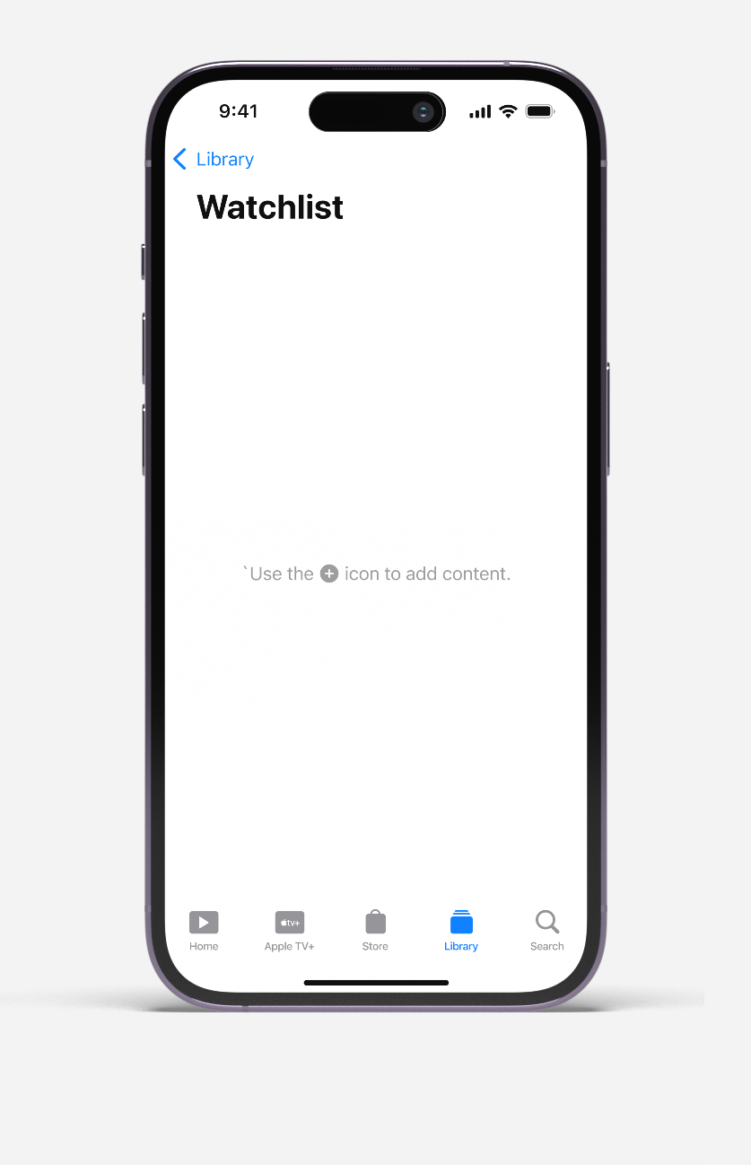 Smartphone screen showing empty Watchlist page with navigation bar and prompt to add content.