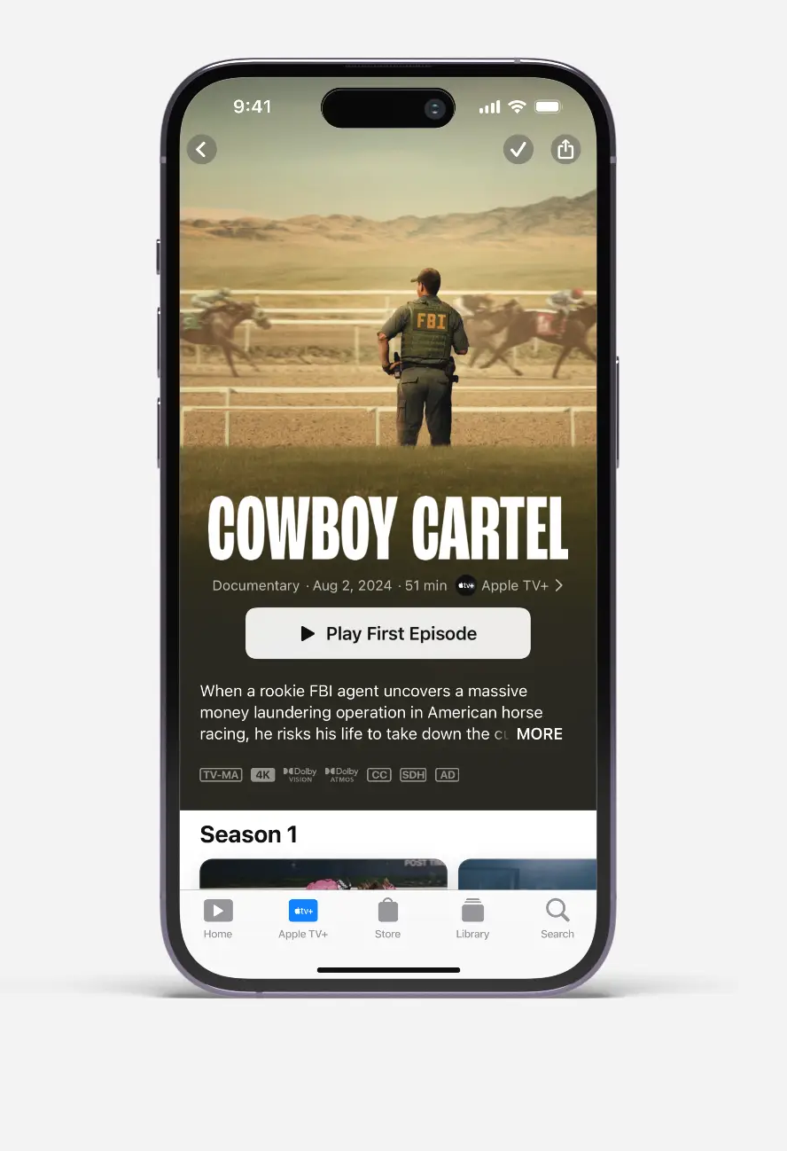 iPhone screen showing Cowboy Cartel documentary on Apple TV+ with FBI agent at horse race and play episode button.