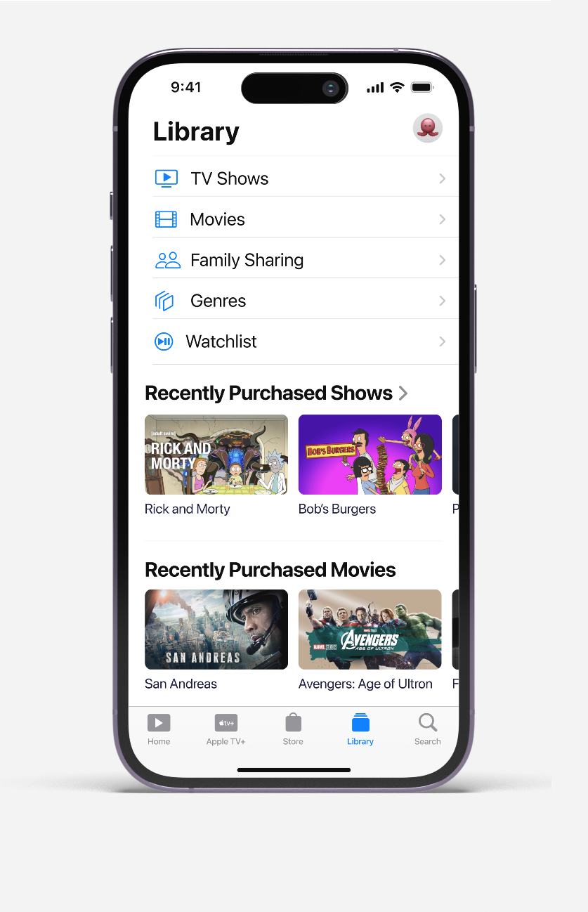 Mobile screen showing a library app with TV shows, movies, family sharing, genres, watchlist, and recent purchases.