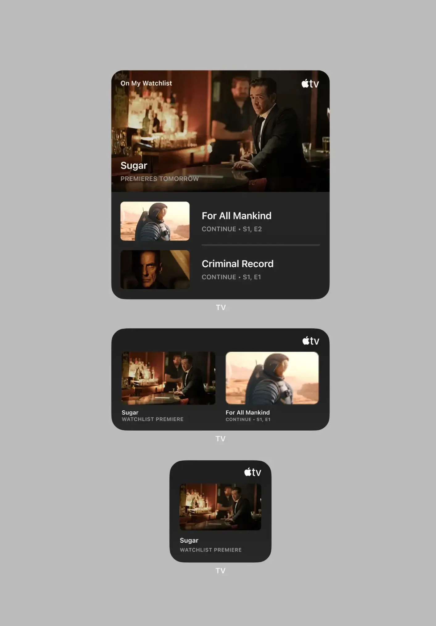 Apple TV interface showing 'Sugar' premiere and shows 'For All Mankind' and 'Criminal Record' to continue.