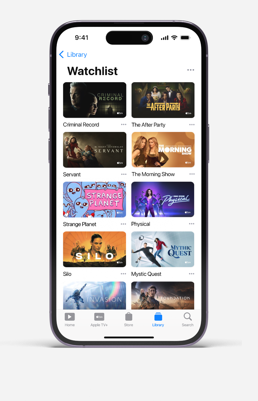 Smartphone screen showing a Watchlist in a streaming app with TV show thumbnails and titles.