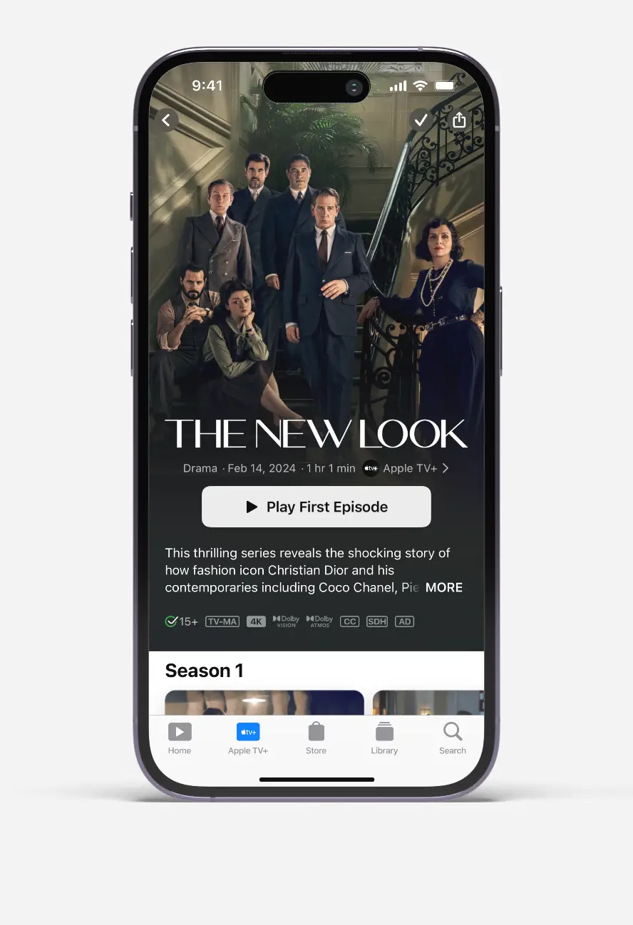 Mobile screen showing Apple TV+ series The New Look with cast photo and play first episode button.