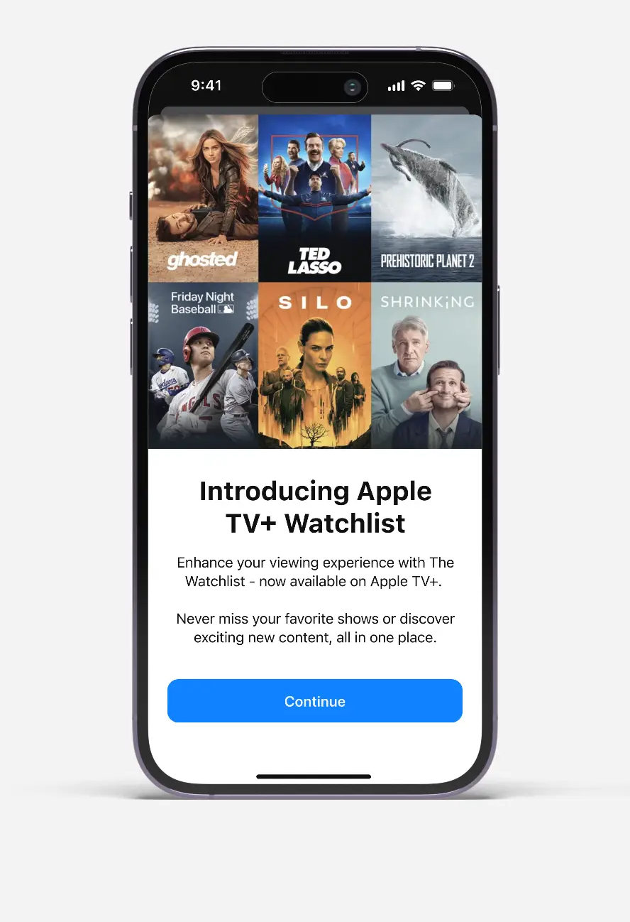 iPhone screen showing Apple TV+ Watchlist feature with six show thumbnails and a Continue button.