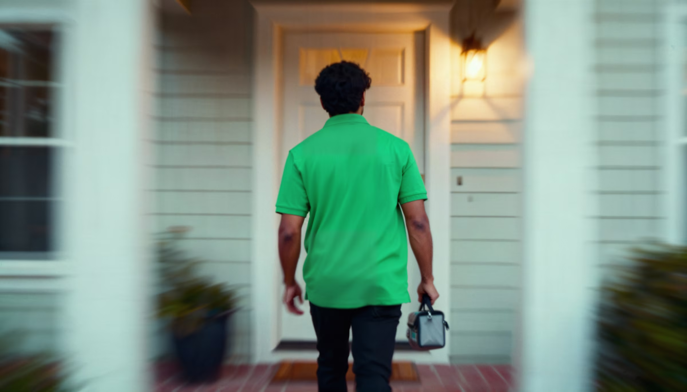 Man in green shirt walking toward a front door carrying a small toolbox in his right hand.