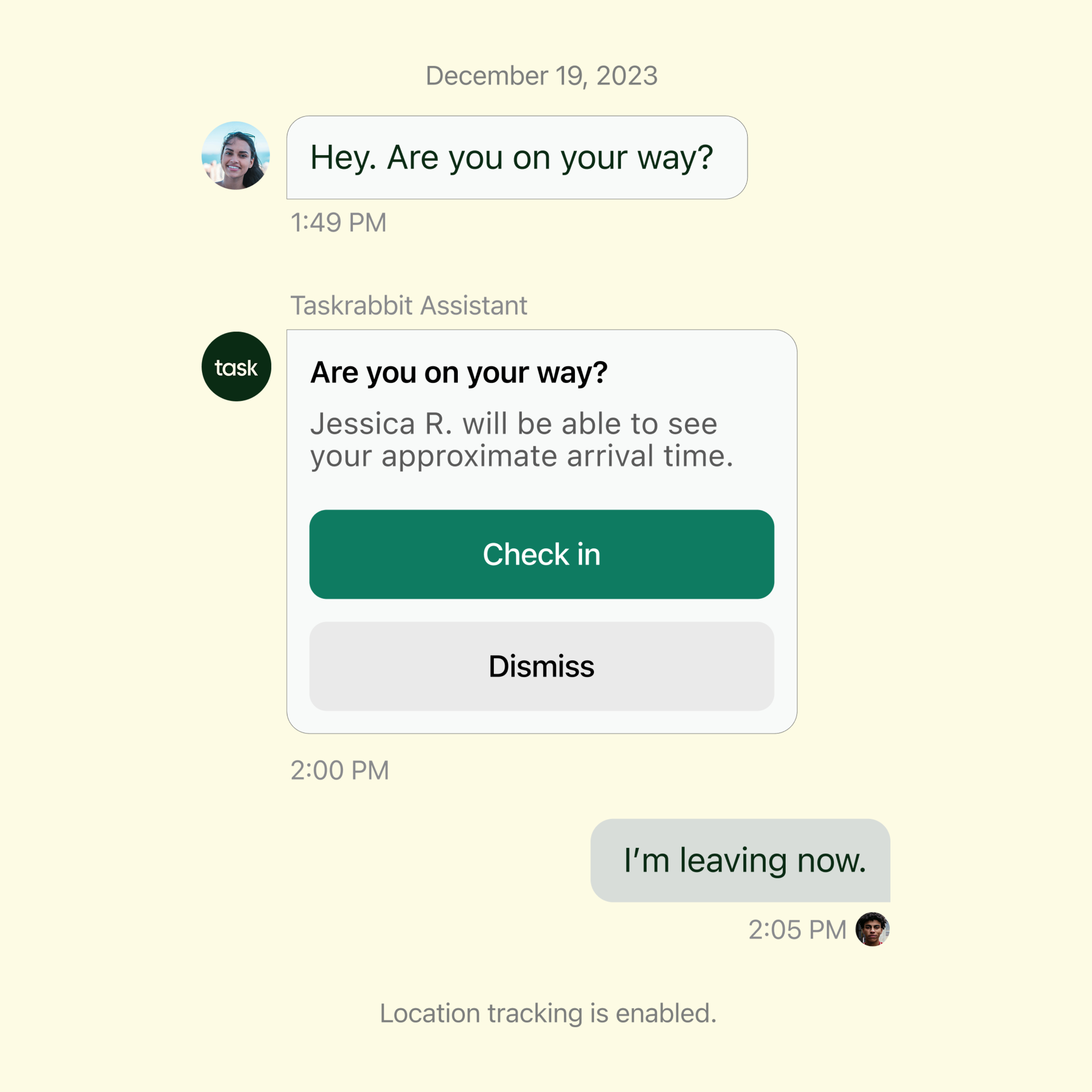 Smartphone showing a TaskRabbit chat with a "Check in" prompt and a message saying "I'm leaving now."