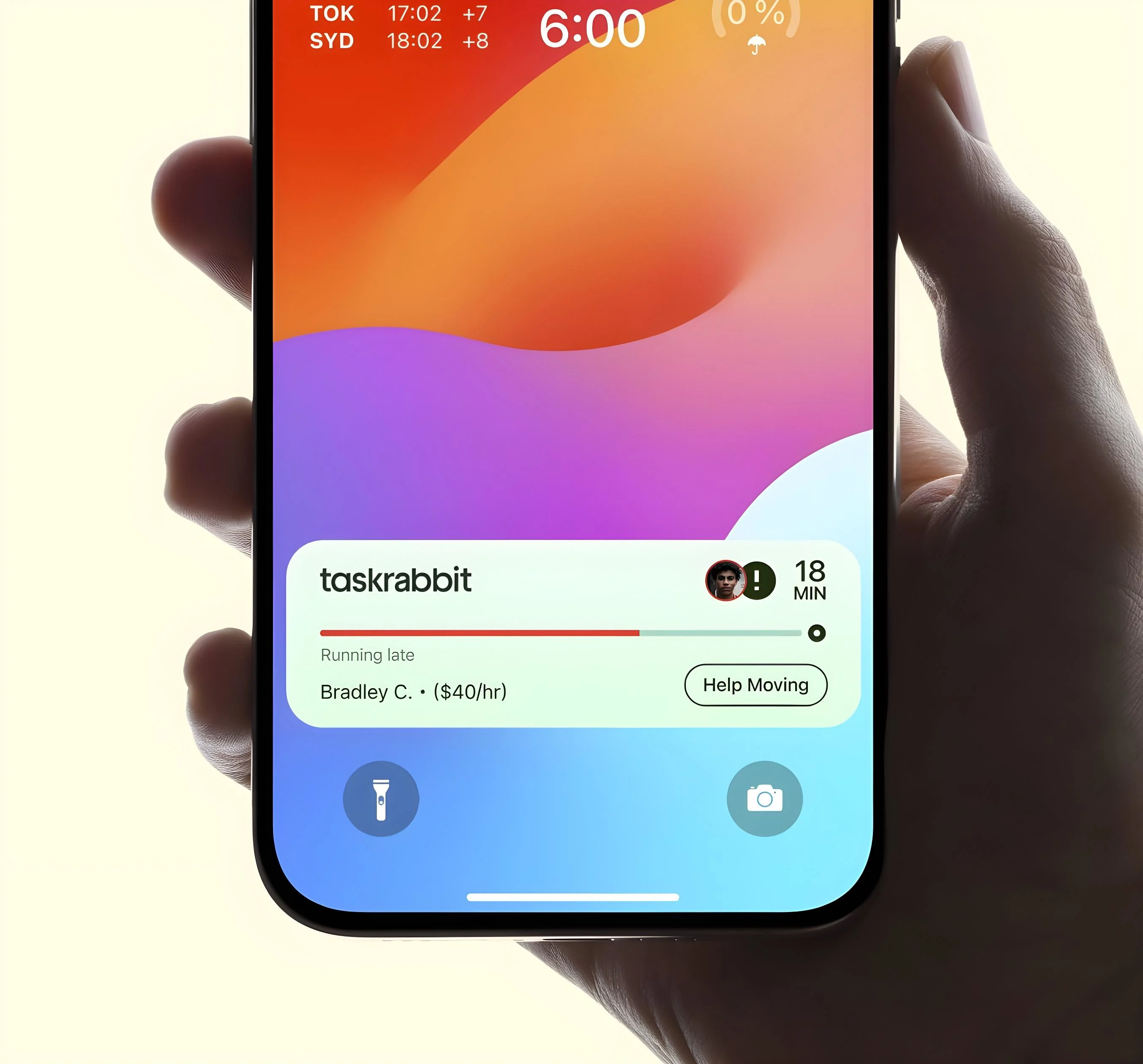 Smartphone screen showing a Taskrabbit notification about a worker running late with $40/hr rate and 18 minutes ETA.