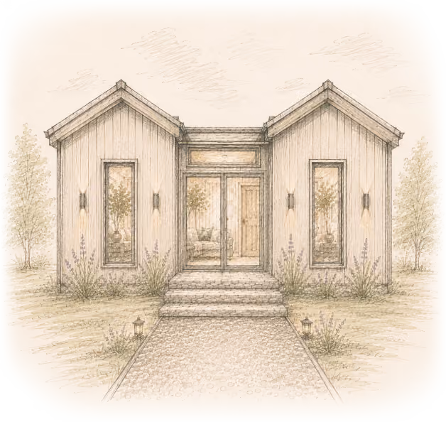 Sketch of modern house with gabled roofs, front steps, glass door, and plants on a stone path.