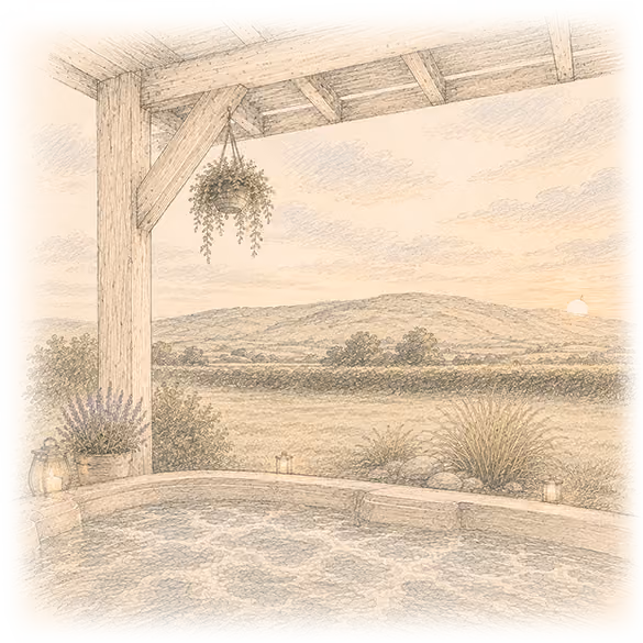 Sketch of modern house with gabled roofs, front steps, glass door, and plants on a stone path.
