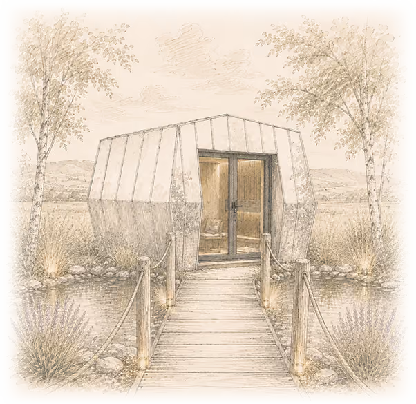 Sketch of modern house with gabled roofs, front steps, glass door, and plants on a stone path.