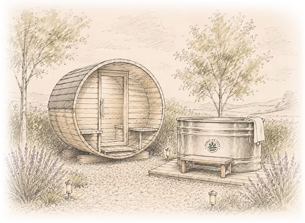 Sketch of modern house with gabled roofs, front steps, glass door, and plants on a stone path.