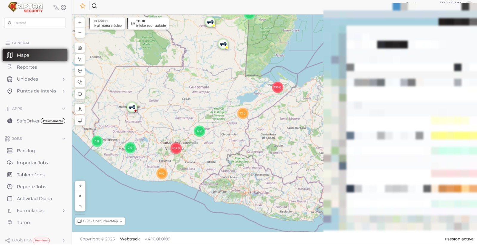 Mapa de Webtrack con la flota de unidades de Kripton rastreada por GPS en tiempo real a nivel nacional en Guatemala