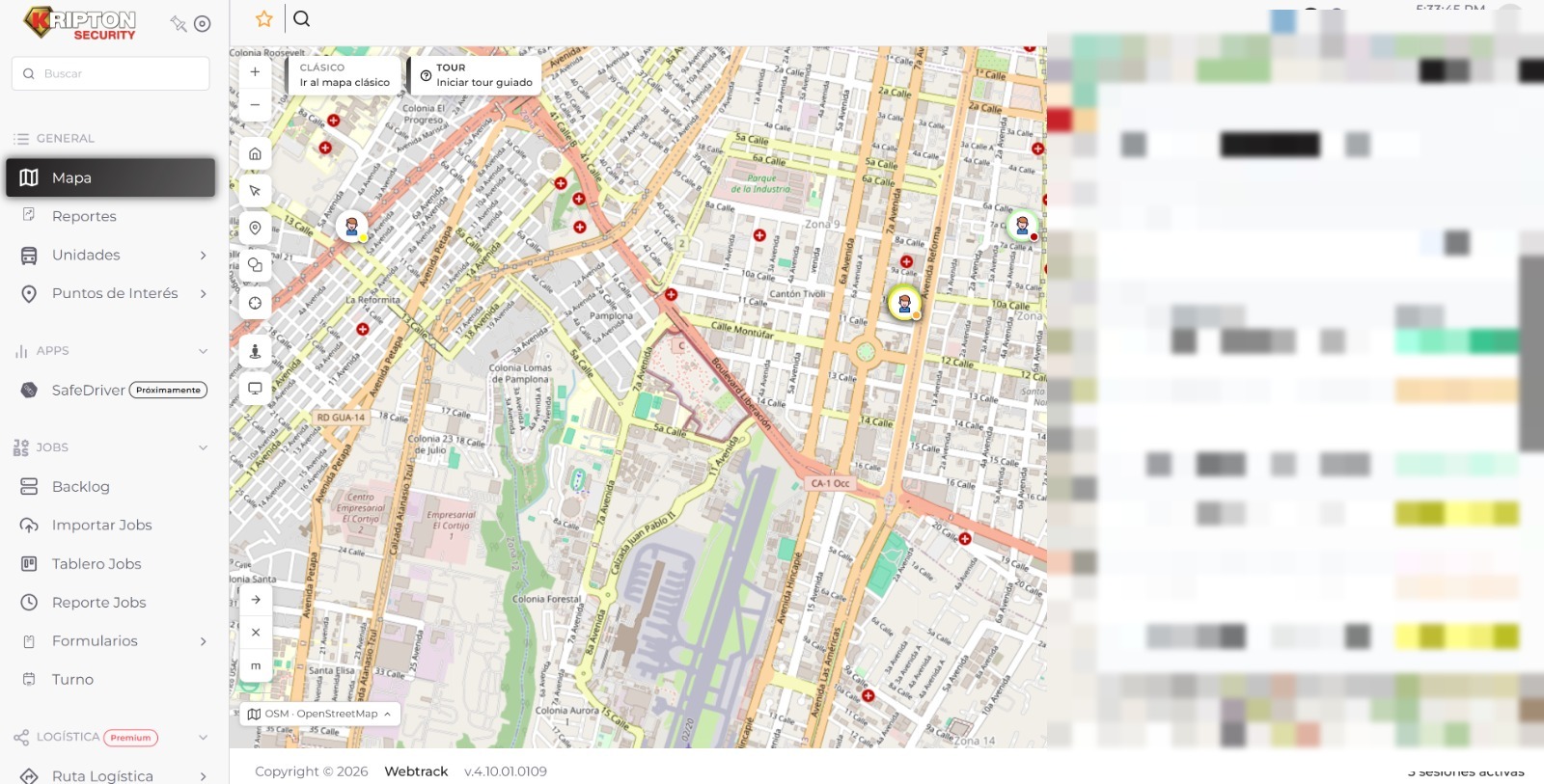 Mapa de Webtrack mostrando el rastreo GPS de unidades de Kripton en rutas dentro de la Ciudad de Guatemala