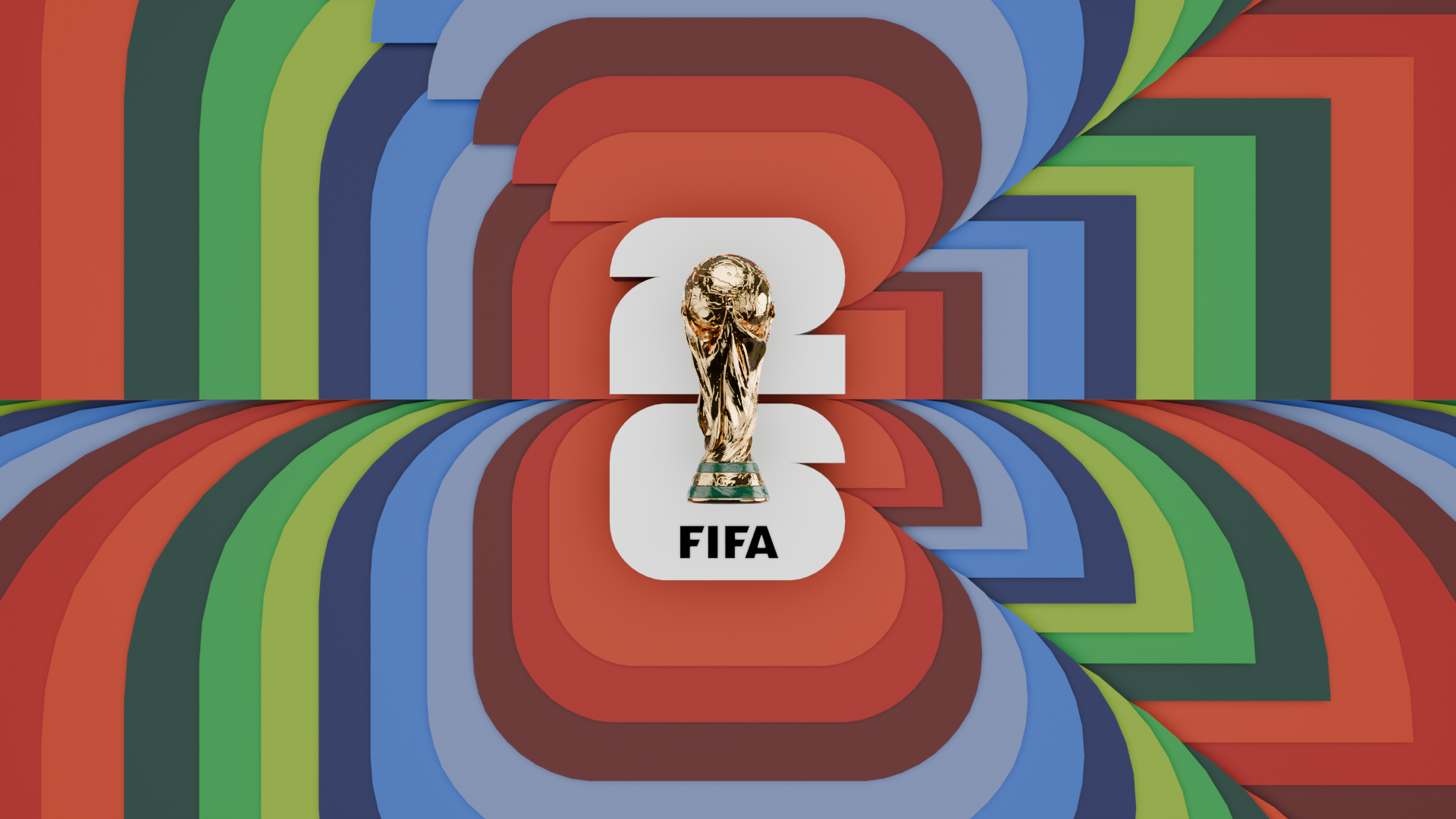 FIFA World Cup trophy framed by a colourful geometric tunnel