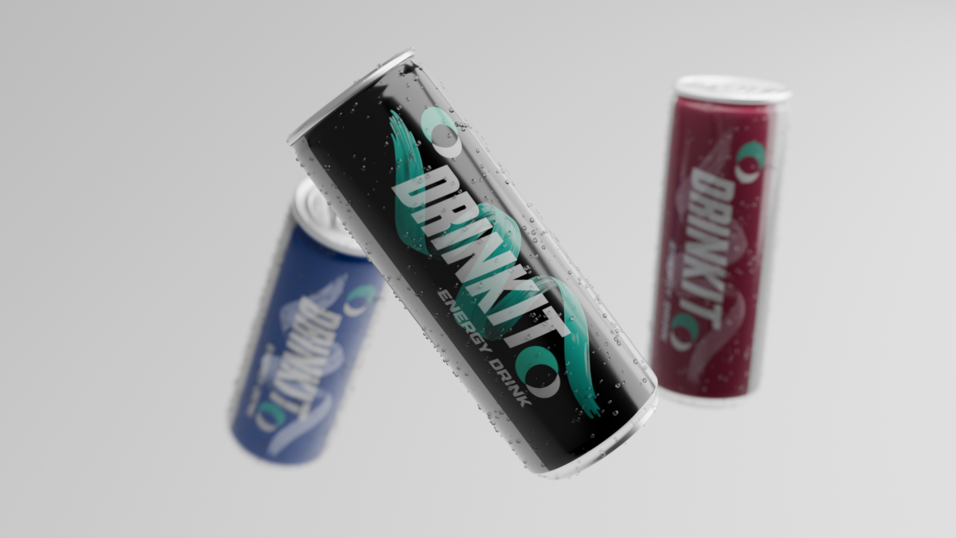 Three Drinkit energy drink cans floating in a white studio scene