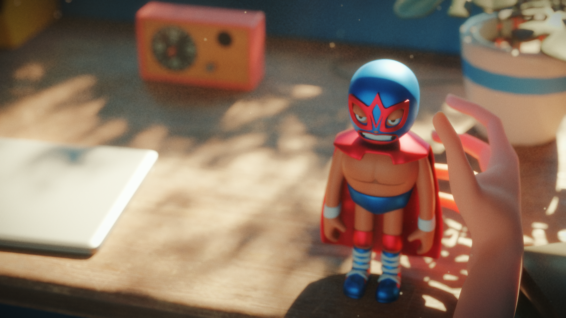 Luchador toy standing on a desk in warm afternoon light
