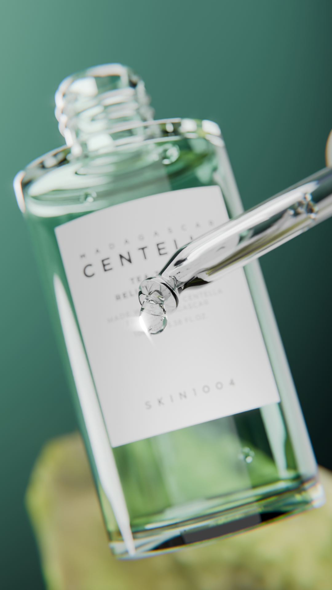Centella skincare bottles arranged with translucent bubbles
