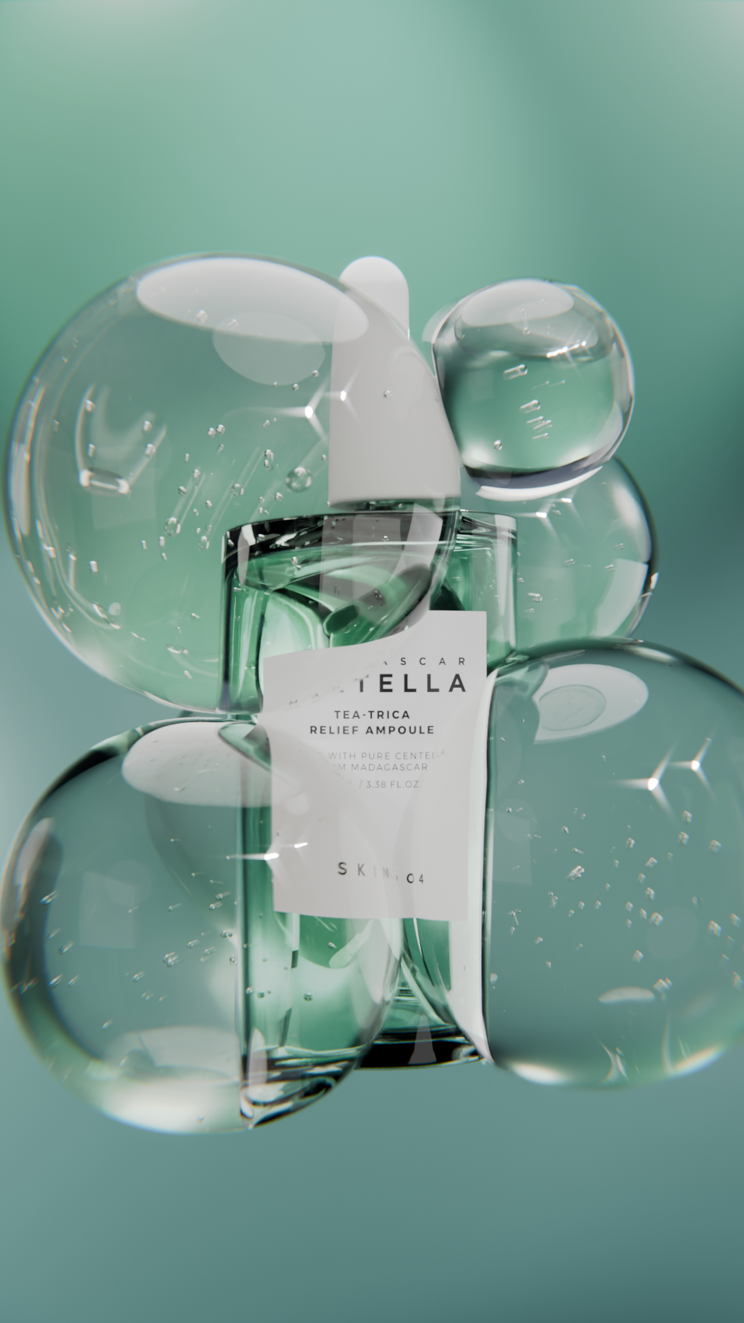 Centella skincare bottle and pipette in a green studio setting