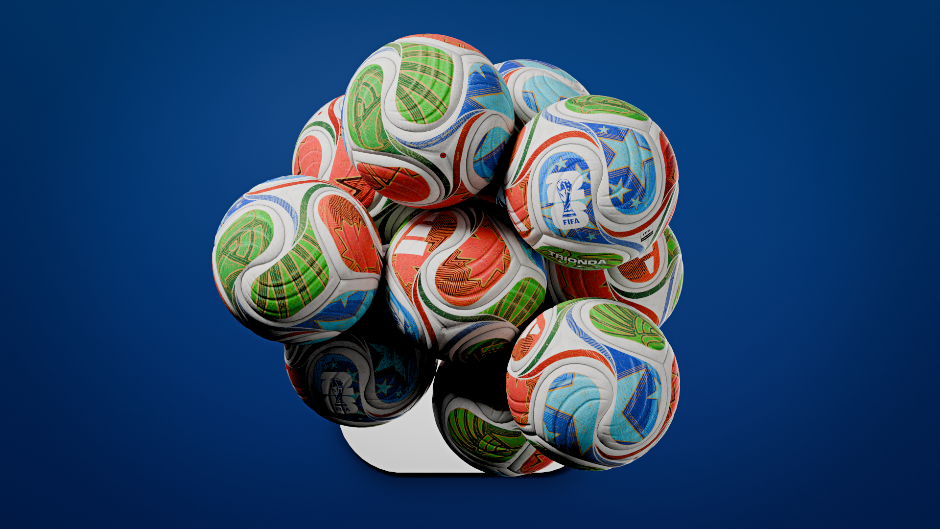 Cluster of colourful FIFA footballs against a deep blue background