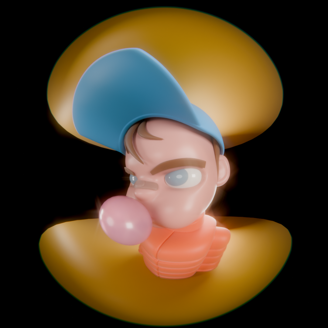 Stylised character wearing a yellow cap and blowing bubble gum