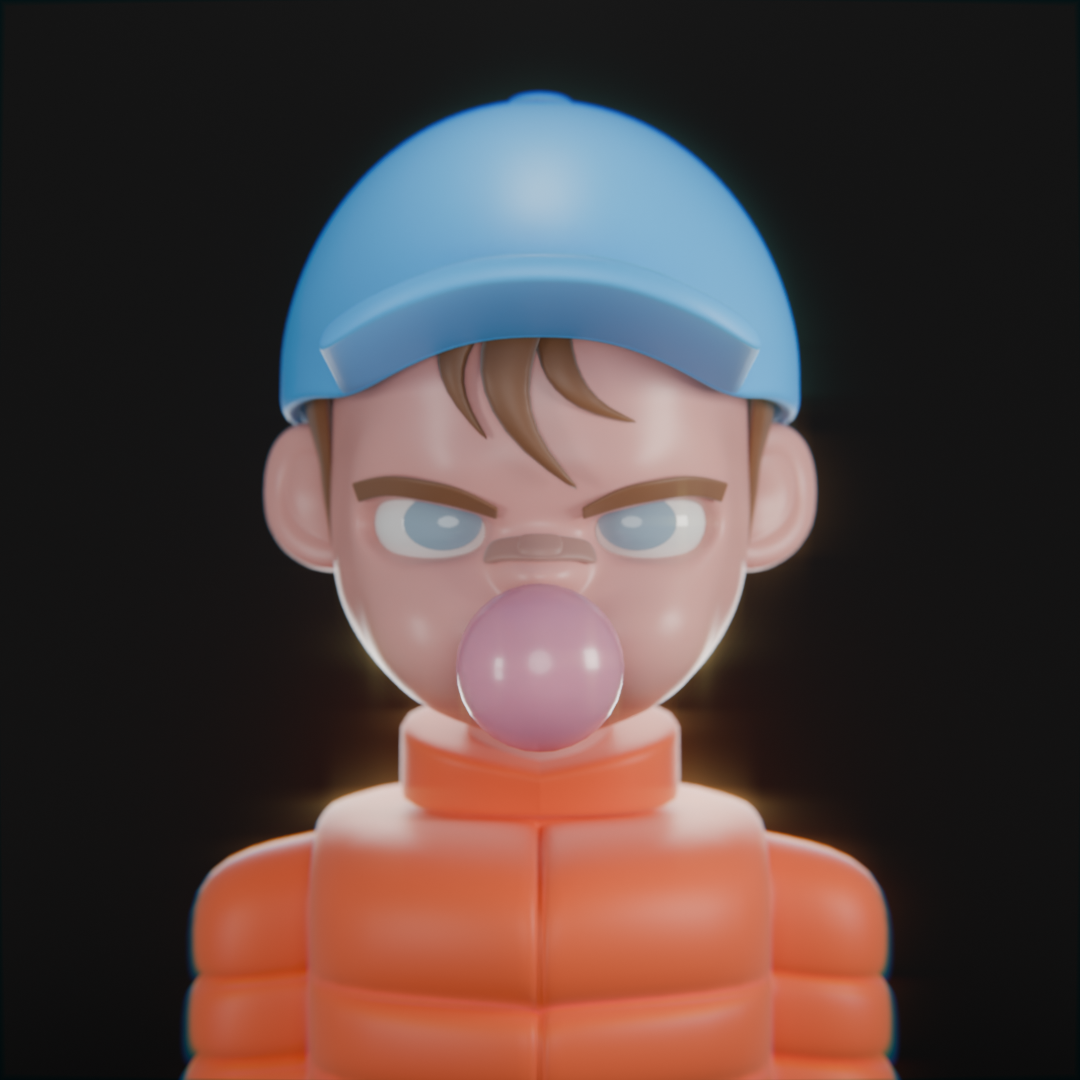 Stylised character wearing a blue cap and blowing bubble gum