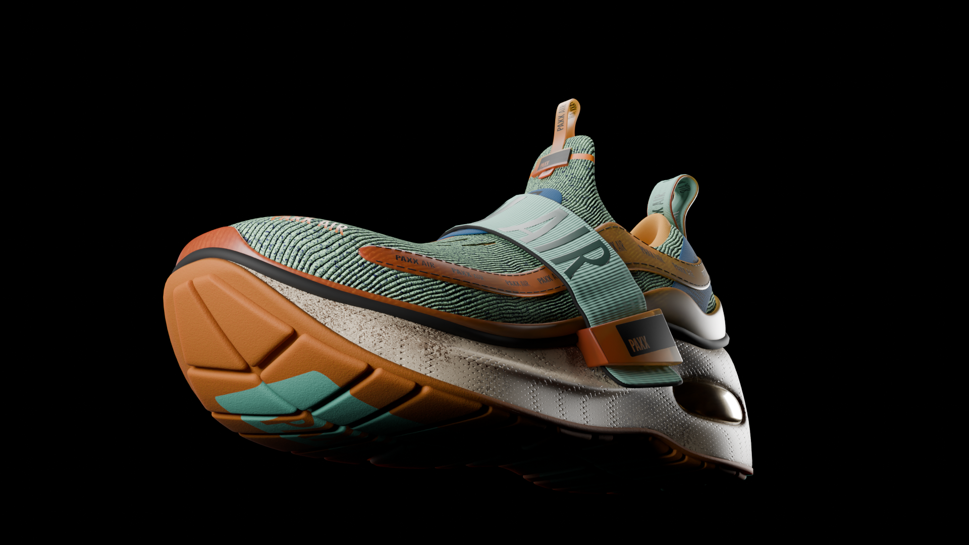 Pair of futuristic green and orange shoes on black